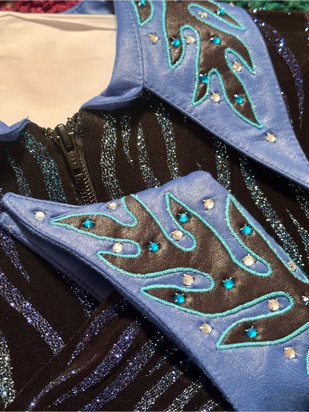 Lightweight Cobalt Blue & Black Embellished Zippered Jacket w/ Decorative Collar - Picture 4 of 6